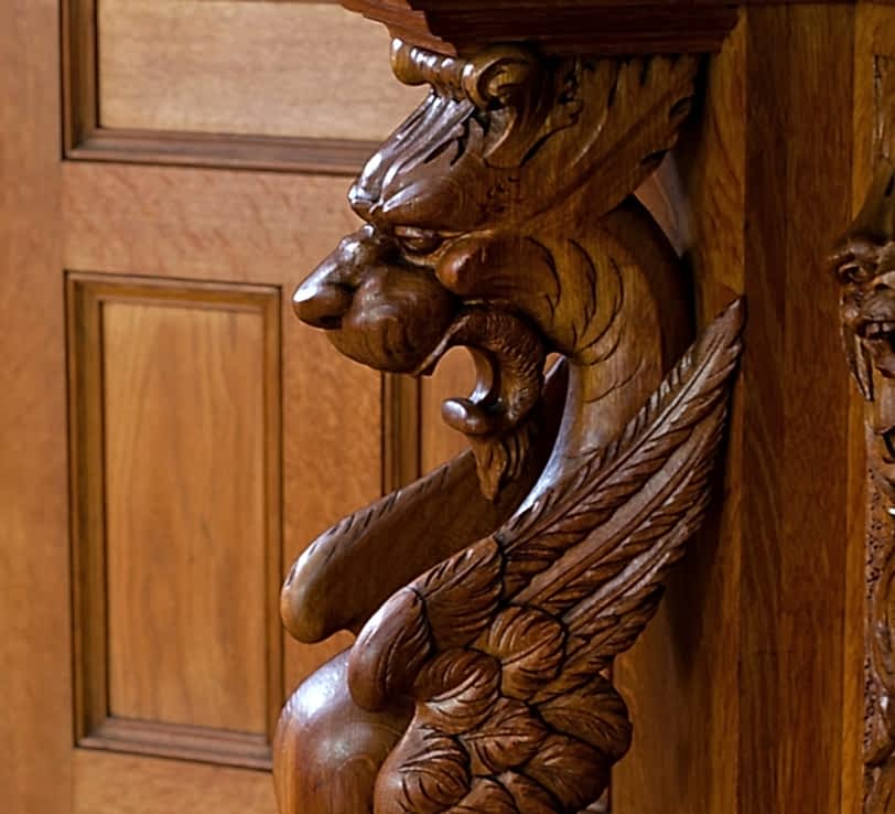 Intricate wood carvings inside The Norumbega Inn